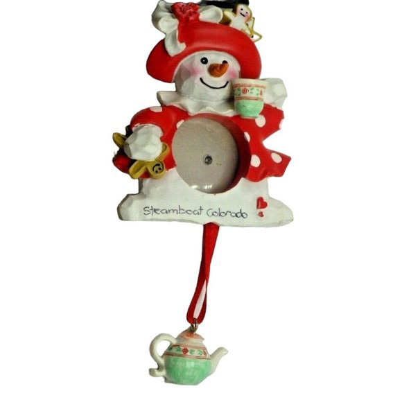 SNOWMAN Christmas Round Picture Frame Hanging Ornament Steamboat Colorado teapot - Picture 2 of 8